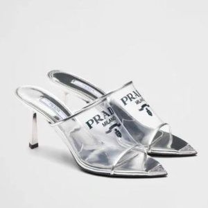 PradaLogo-print Plexiglas high-heel slides
